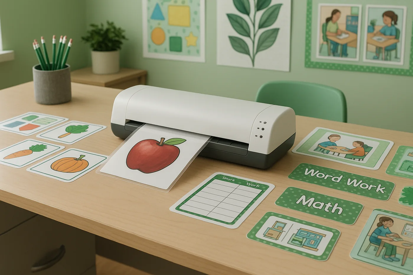 Classroom laminating machine on a teacher desk with laminated flashcards, reusable worksheets, center labels, and prep materials